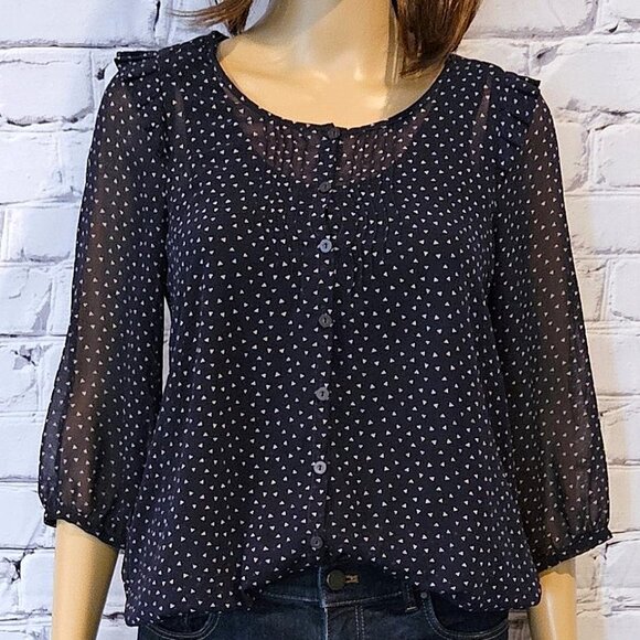PINS & NEEDLES, Beautiful Boho navy blue polka dot print sheer blouse - Picture 4 of 6